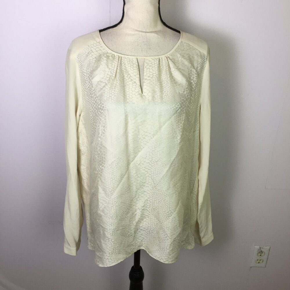 Cynthia Rowley Blouse Top Sz L Womans Ivory Cream Silk Keyhole Neck Snake Print
